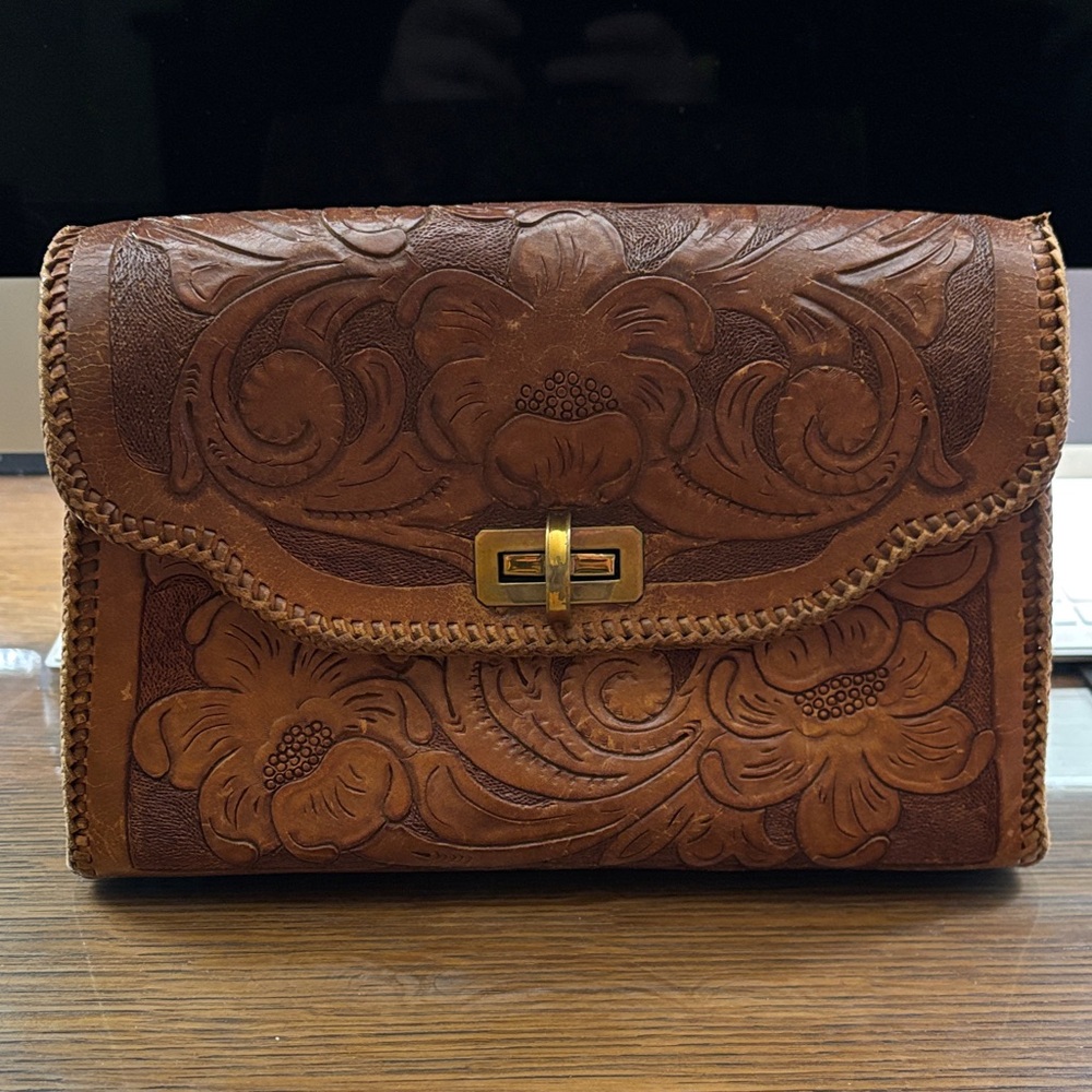Elegant Brown Leather Floral Clutch